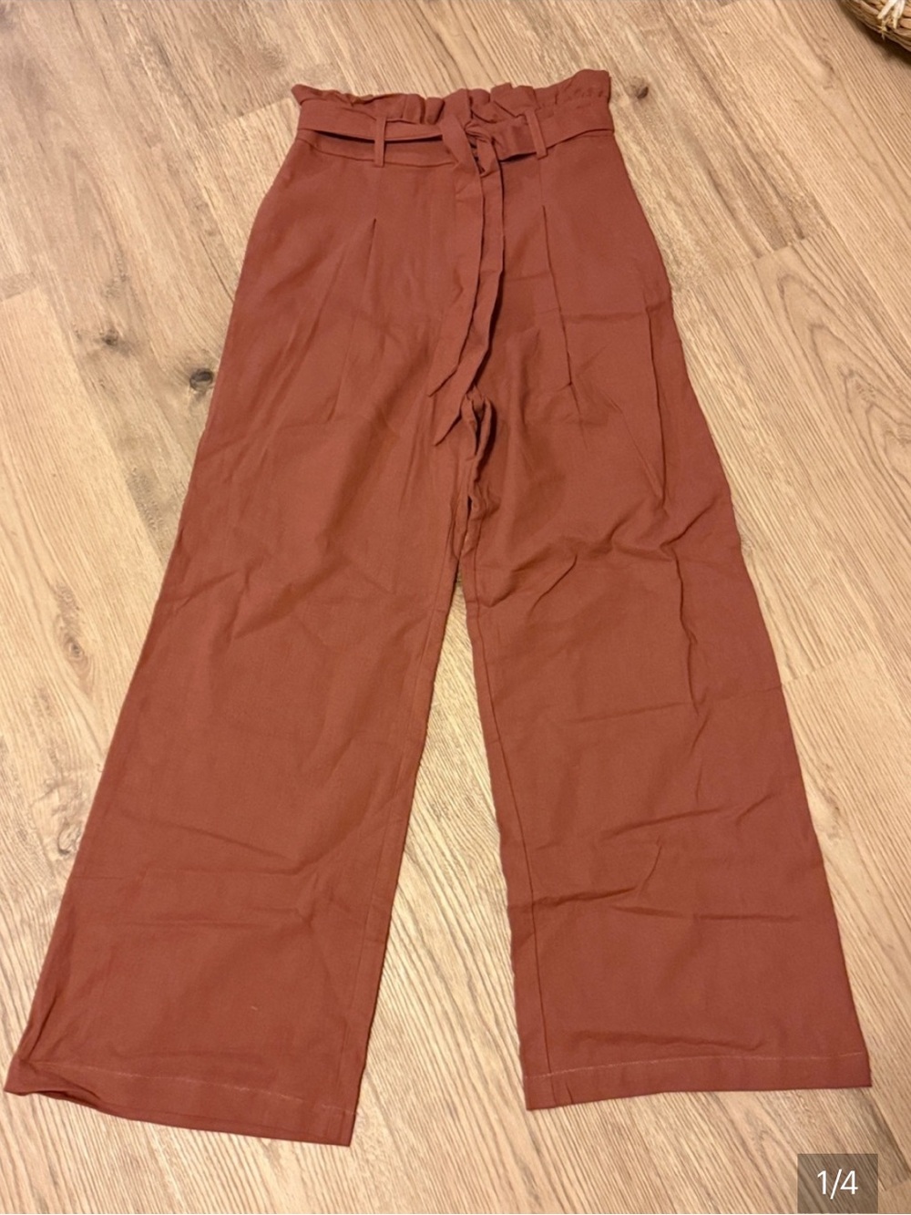 Blu Pepper Wide-Leg Paperbag Pants in Rust - Picture 2 of 6